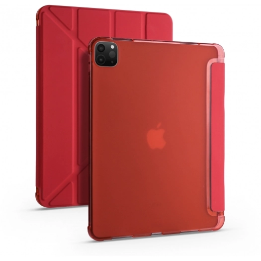 Apple iPad Pro 11 inç 2021 (3. Nesil) Tablet Kılıfı Standlı Tri Folding Kalemlikli Silikon Smart Cover - Kırmızı