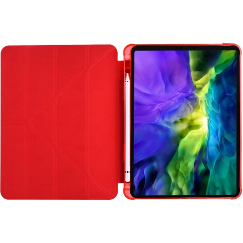 Apple iPad Pro 11 inç 2021 (3. Nesil) Tablet Kılıfı Standlı Tri Folding Kalemlikli Silikon Smart Cover - Kırmızı
