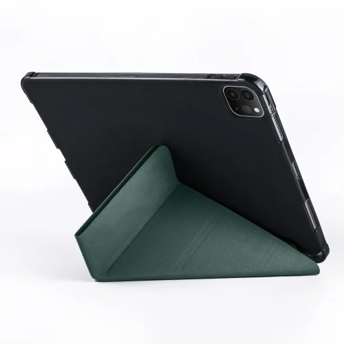 Apple iPad Pro 11 inç 2021 (3. Nesil) Tablet Kılıfı Standlı Tri Folding Kalemlikli Silikon Smart Cover - Koyu Yeşil