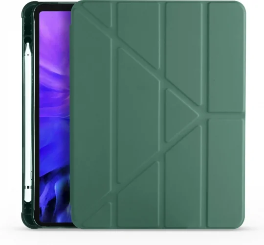 Apple iPad Pro 11 inç 2021 (3. Nesil) Tablet Kılıfı Standlı Tri Folding Kalemlikli Silikon Smart Cover - Koyu Yeşil