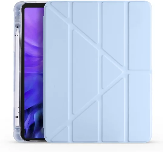 Apple iPad Pro 11 inç 2021 (3. Nesil) Tablet Kılıfı Standlı Tri Folding Kalemlikli Silikon Smart Cover - Mavi