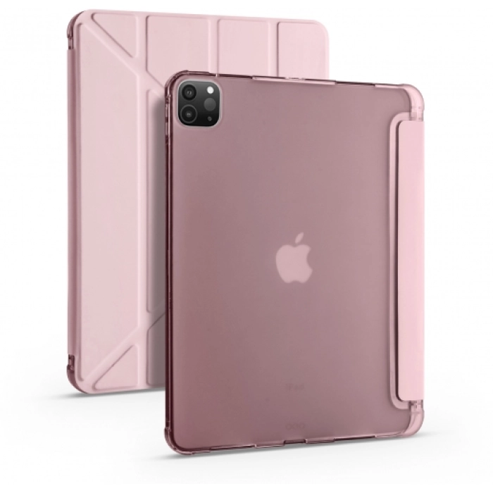 Apple iPad Pro 11 inç 2021 (3. Nesil) Tablet Kılıfı Standlı Tri Folding Kalemlikli Silikon Smart Cover - Pembe