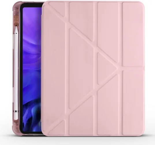 Apple iPad Pro 11 inç 2021 (3. Nesil) Tablet Kılıfı Standlı Tri Folding Kalemlikli Silikon Smart Cover - Pembe