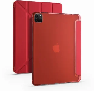 Apple iPad Pro 12.9 2022 M2 (6. Nesil) Tablet Kılıfı Standlı Tri Folding Kalemlikli Silikon Smart Cover - Kırmızı