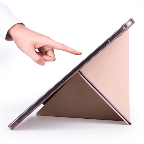 Apple iPad Pro 12.9 2022 M2 (6. Nesil) Tablet Kılıfı Standlı Tri Folding Kalemlikli Silikon Smart Cover - Pembe