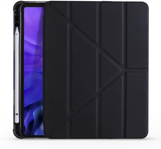 Apple iPad Pro 12.9 2022 M2 (6. Nesil) Tablet Kılıfı Standlı Tri Folding Kalemlikli Silikon Smart Cover - Siyah