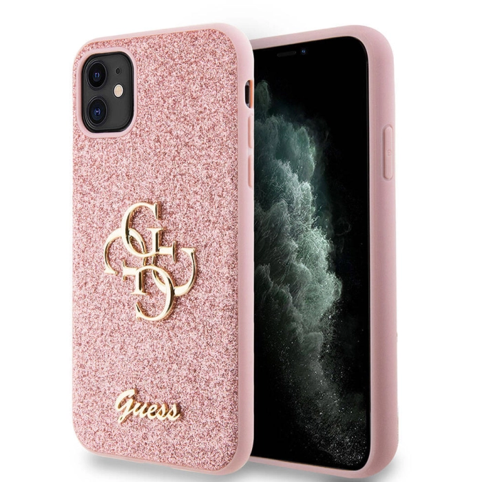 Apple iPhone 11 Kılıf Guess Orjinal Lisanslı 4G Büyük Metal Logolu Glitter Kapak - Pembe