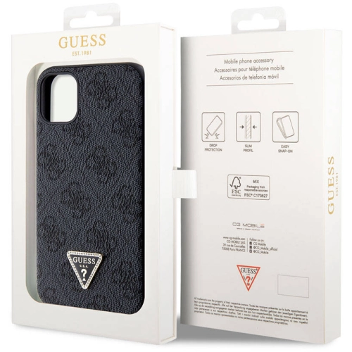 Apple iPhone 11 Kılıf Guess Orjinal Lisanslı PU Deri Taşlı Üçgen Logo 4G Desenli Kapak - Siyah