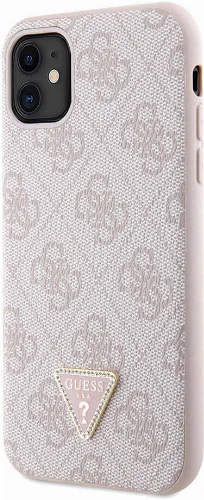 Apple iPhone 11 Kılıf Guess Orjinal Lisanslı PU Deri Taşlı Üçgen Logo 4G Desenli Kapak - Pembe