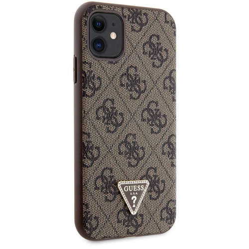 Apple iPhone 11 Kılıf Guess Orjinal Lisanslı PU Deri Taşlı Üçgen Logo 4G Desenli Kapak - Kahverengi