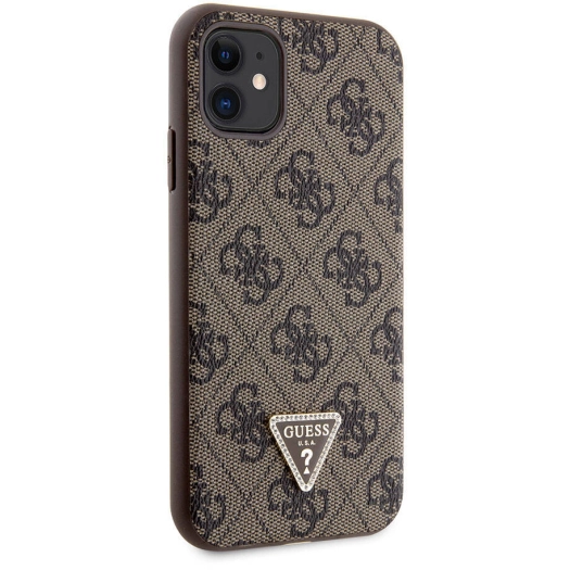 Apple iPhone 11 Kılıf Guess Orjinal Lisanslı PU Deri Taşlı Üçgen Logo 4G Desenli Kapak - Kahverengi