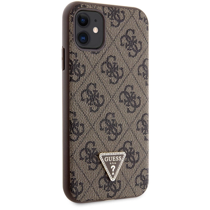 Apple iPhone 11 Kılıf Guess Orjinal Lisanslı PU Deri Taşlı Üçgen Logo 4G Desenli Kapak - Kahverengi