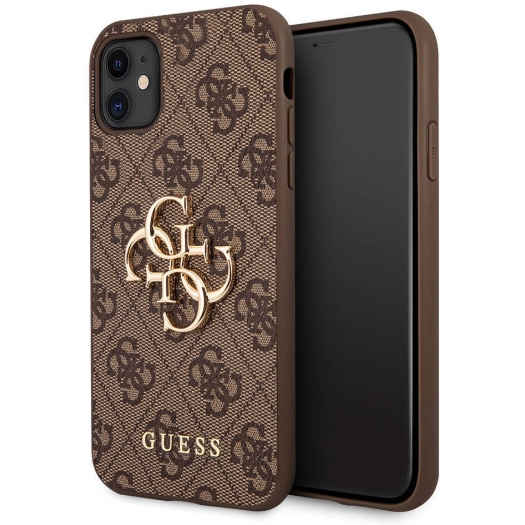 Apple iPhone 11 Kılıf GUESS PU Deri Büyük Metal Logo Dizaynlı Kapak - Kahverengi