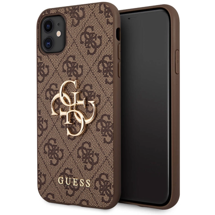 Apple iPhone 11 Kılıf GUESS PU Deri Büyük Metal Logo Dizaynlı Kapak - Kahverengi