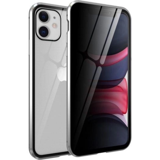 Apple iPhone 11 Kılıf Hayalet Camlı 360 Derece Mıknatıslı 2 Parça Arkası Cam Kapak - Gümüş
