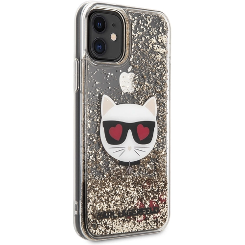 Apple iPhone 11 Kılıf Karl Lagerfeld Sıvılı Simli Choupette Dizayn Kapak - Gold