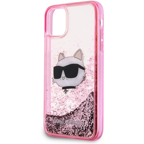 Apple iPhone 11 Kılıf Karl Lagerfeld Sıvılı Simli Choupette Head Dizayn Kapak - Pembe