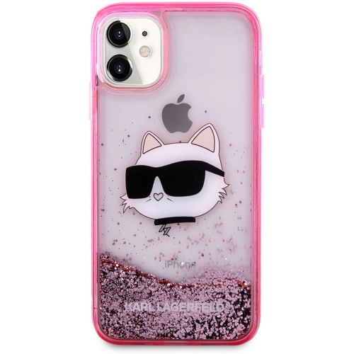 Apple iPhone 11 Kılıf Karl Lagerfeld Sıvılı Simli Choupette Head Dizayn Kapak - Pembe