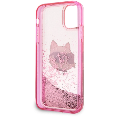 Apple iPhone 11 Kılıf Karl Lagerfeld Sıvılı Simli Choupette Head Dizayn Kapak - Pembe