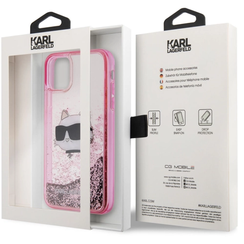 Apple iPhone 11 Kılıf Karl Lagerfeld Sıvılı Simli Choupette Head Dizayn Kapak - Pembe