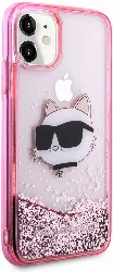 Apple iPhone 11 Kılıf Karl Lagerfeld Sıvılı Simli Choupette Head Dizayn Kapak - Pembe