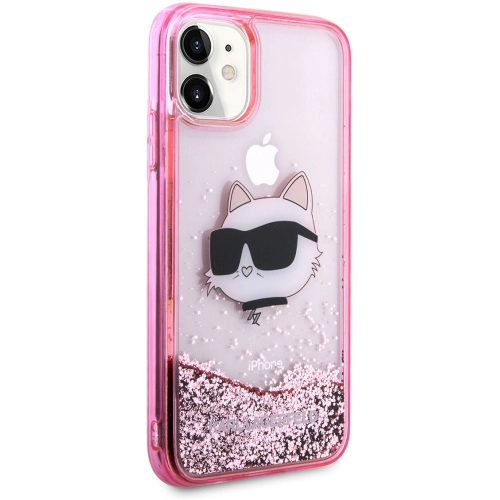 Apple iPhone 11 Kılıf Karl Lagerfeld Sıvılı Simli Choupette Head Dizayn Kapak - Pembe