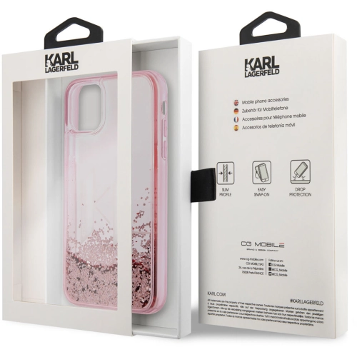 Apple iPhone 11 Kılıf Karl Lagerfeld Sıvılı Simli Dizayn Kapak - Pembe