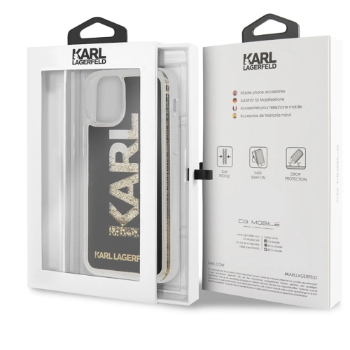 Apple iPhone 11 Kılıf Karl Lagerfeld Sıvılı Simli Logo Dizayn Kapak - Siyah-Gold