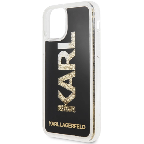 Apple iPhone 11 Kılıf Karl Lagerfeld Sıvılı Simli Logo Dizayn Kapak - Siyah-Gold