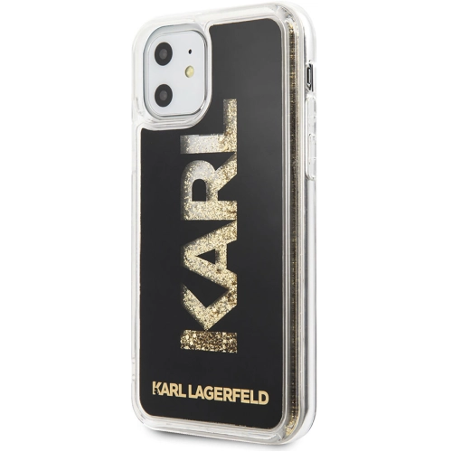 Apple iPhone 11 Kılıf Karl Lagerfeld Sıvılı Simli Logo Dizayn Kapak - Siyah-Gold