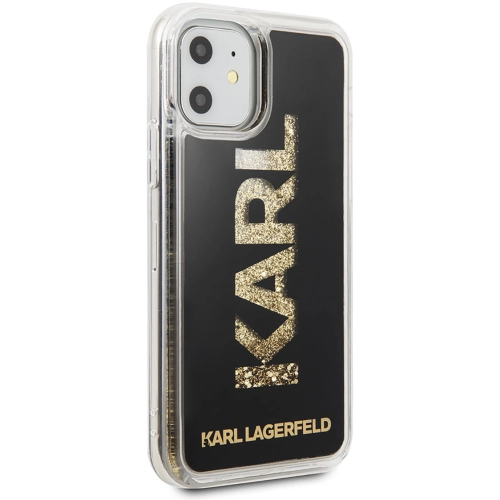 Apple iPhone 11 Kılıf Karl Lagerfeld Sıvılı Simli Logo Dizayn Kapak - Siyah-Gold