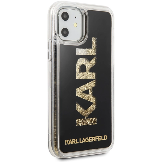 Apple iPhone 11 Kılıf Karl Lagerfeld Sıvılı Simli Logo Dizayn Kapak - Siyah-Gold