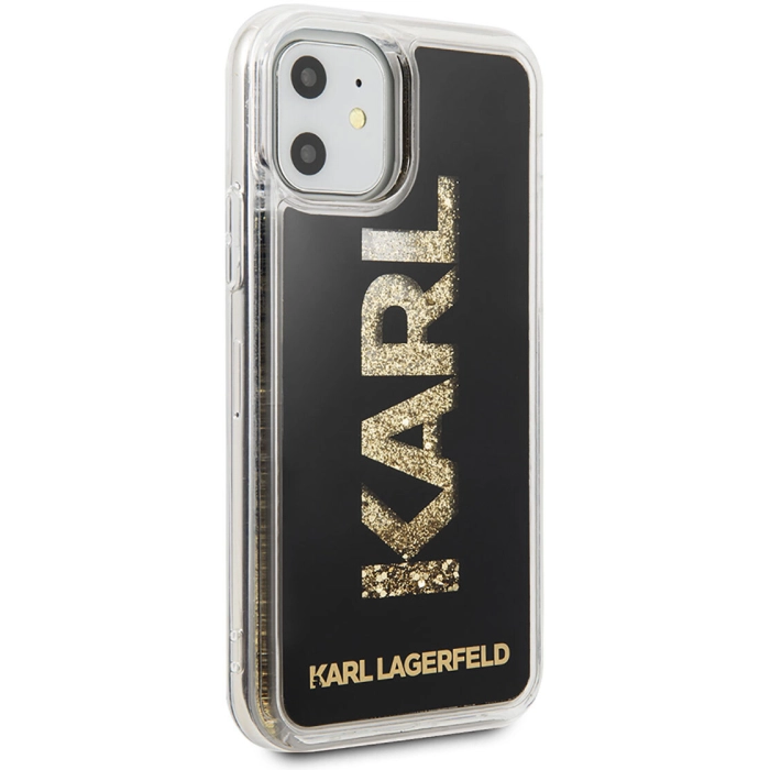 Apple iPhone 11 Kılıf Karl Lagerfeld Sıvılı Simli Logo Dizayn Kapak - Siyah-Gold