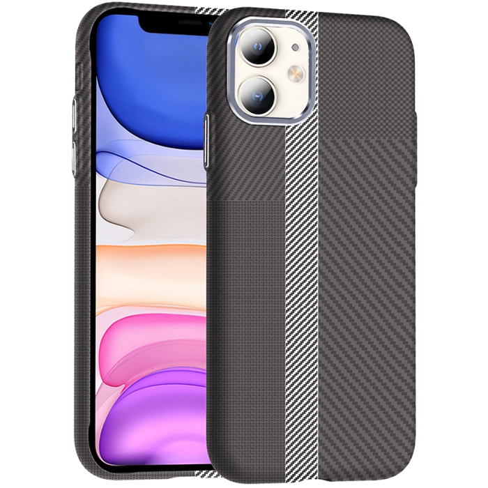 Apple iPhone 11 ile Uyumlu Kılıf MagSafe Şarj Özellikli Karbon Fiber Görünümlü Gros Kapak - Gri-Siyah