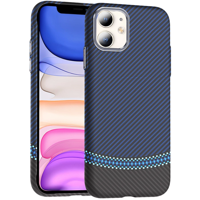 Apple iPhone 11 ile Uyumlu Kılıf MagSafe Şarj Özellikli Karbon Fiber Görünümlü Gros Kapak - Siyah-Lacivert