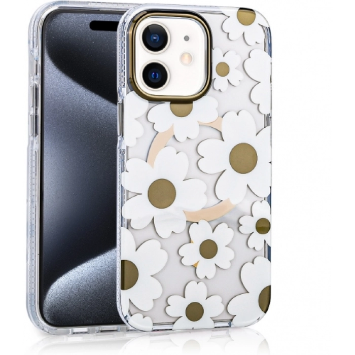 Apple iPhone 11 Kılıf Magsafe Kablosuz Şarj Özellikli Çiçek Desenli Silikon TPU+PC Papat Kapak - Kahve