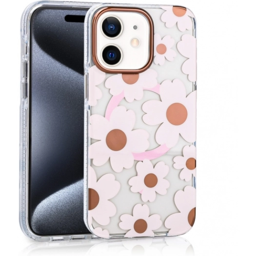 Apple iPhone 11 Kılıf Magsafe Kablosuz Şarj Özellikli Çiçek Desenli Silikon TPU+PC Papat Kapak - Pembe