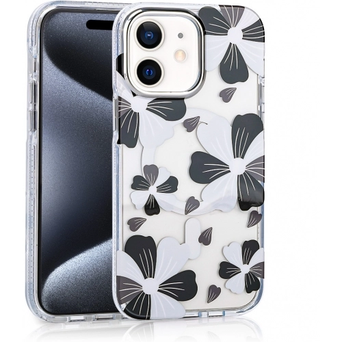 Apple iPhone 11 Kılıf Magsafe Kablosuz Şarj Özellikli Çiçek Desenli Silikon TPU+PC Papat Kapak - Siyah