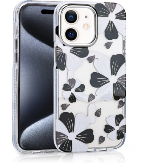 Apple iPhone 11 Kılıf Magsafe Kablosuz Şarj Özellikli Çiçek Desenli Silikon TPU+PC Papat Kapak - Siyah