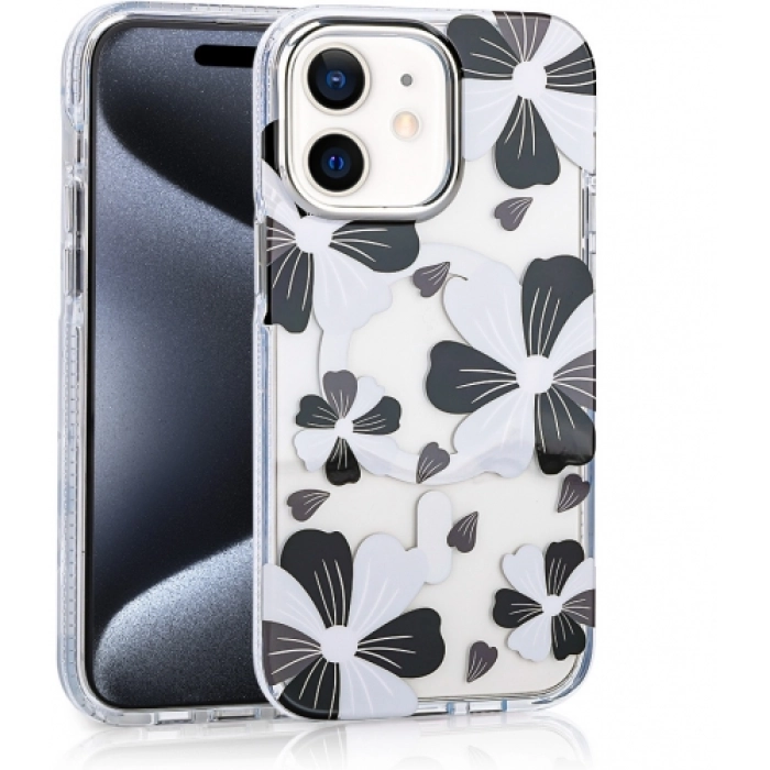 Apple iPhone 11 Kılıf Magsafe Kablosuz Şarj Özellikli Çiçek Desenli Silikon TPU+PC Papat Kapak - Siyah