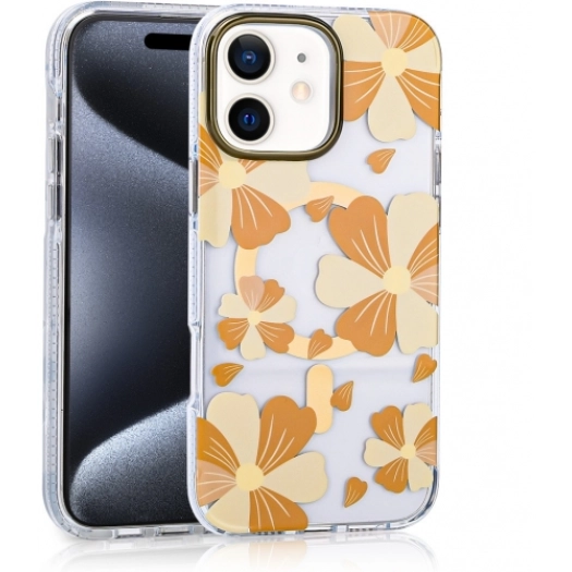 Apple iPhone 11 Kılıf Magsafe Kablosuz Şarj Özellikli Çiçek Desenli Silikon TPU+PC Papat Kapak - Turuncu