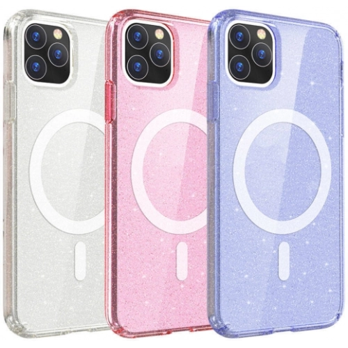 Apple iPhone 11 Kılıf Magsafe Şarj Özellikli Parlayan Simli Saydam Renkli Allstar Kapak - Pembe