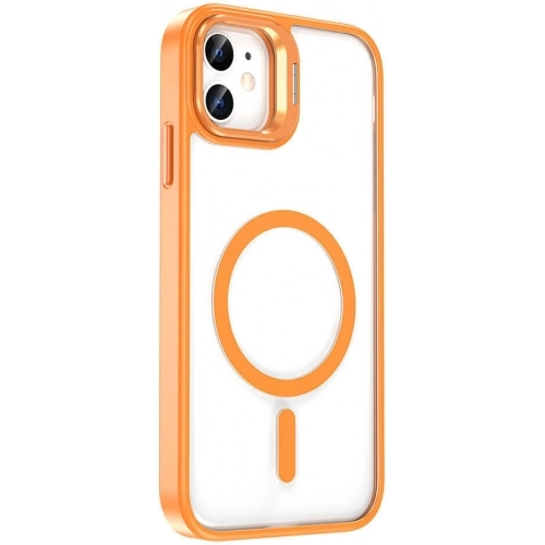 Apple iPhone 11 Kılıf Magsafe Wireless Şarj Özellikli Standlı Magsafe Klon Lensli Kapak - Turuncu
