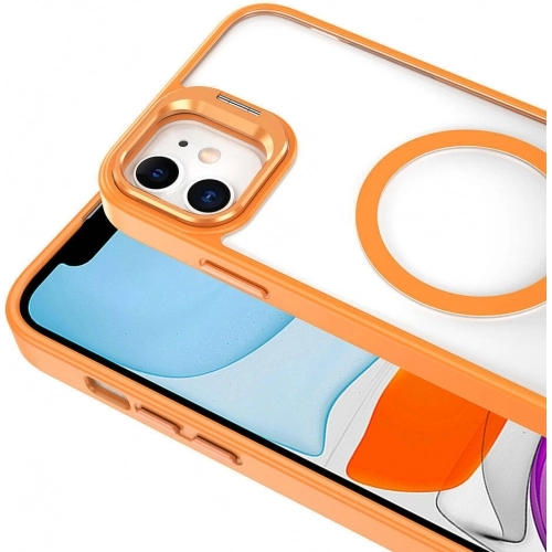 Apple iPhone 11 Kılıf Magsafe Wireless Şarj Özellikli Standlı Magsafe Klon Lensli Kapak - Turuncu