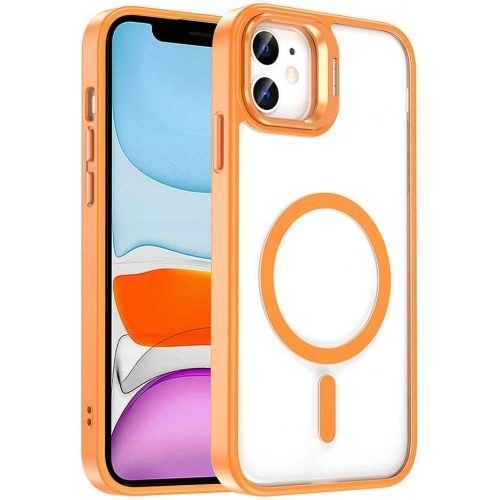 Apple iPhone 11 Kılıf Magsafe Wireless Şarj Özellikli Standlı Magsafe Klon Lensli Kapak - Turuncu