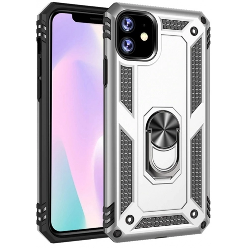 Apple iPhone 11 Kılıf Silikon Zırhlı Standlı Yüzüklü Mıknatıslı Tank Kapak - Gümüş