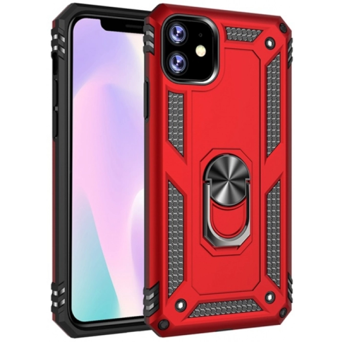 Apple iPhone 11 Kılıf Silikon Zırhlı Standlı Yüzüklü Mıknatıslı Tank Kapak - Kırmızı