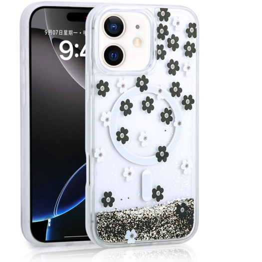 Apple iPhone 11 Kılıf Sıvılı Simli Baskılı Şeffaf Arka Yüzey Zore Mossa Silikon Kapak - Siyah