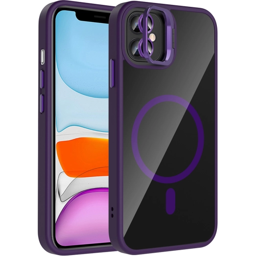 Apple iPhone 11 Kılıf Standlı ve Kamera Lens Hediyeli M-Safe Şarj Özellikli Etro Kapak - Derin Mor