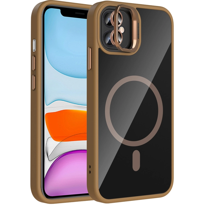 Apple iPhone 11 Kılıf Standlı ve Kamera Lens Hediyeli M-Safe Şarj Özellikli Etro Kapak - Desert Titanyum